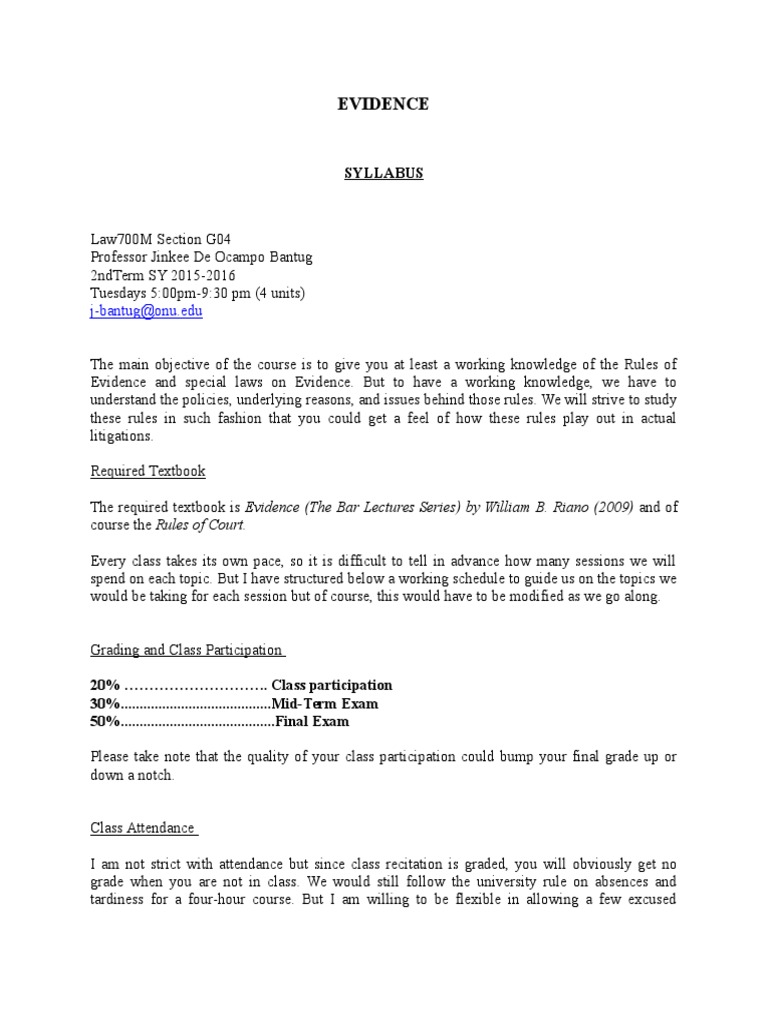 Evidence Law Course Syllabus | PDF | Hearsay | Evidence