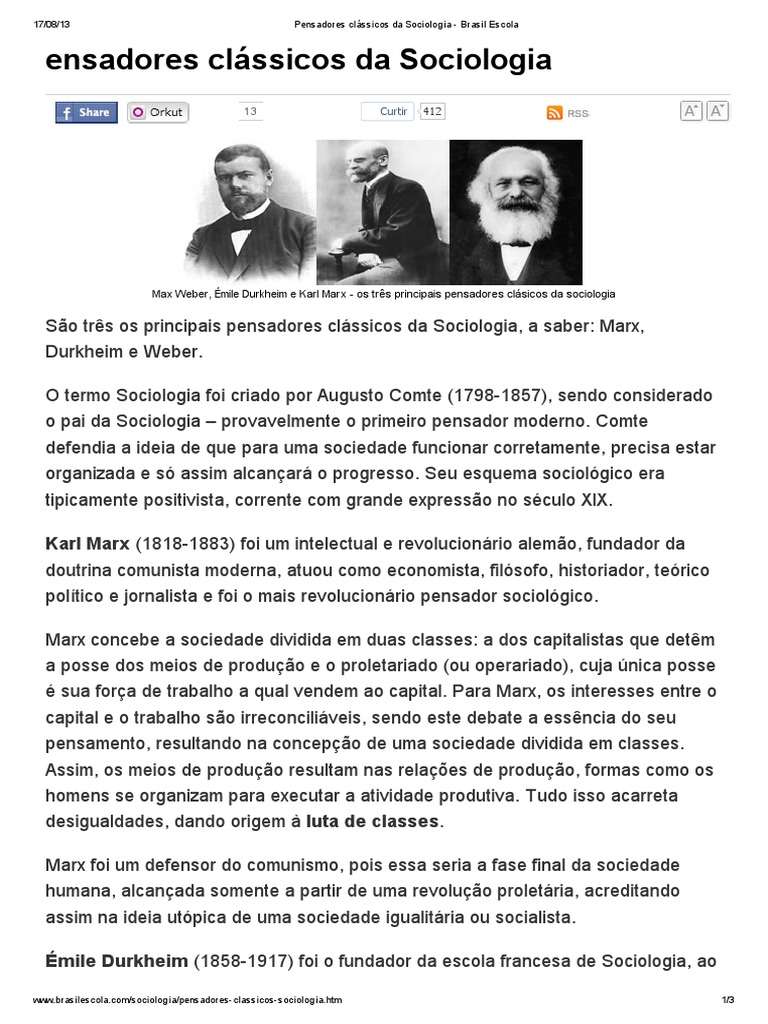 Pensadores Clássicos da Sociologia | PDF | Émile Durkheim | Sociologia