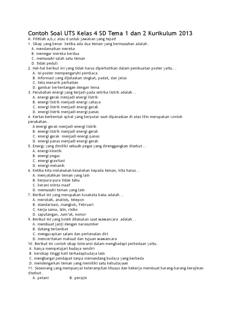 Contoh Soal UTS Kelas 4 SD Tema 1 Dan 2 Kurikulum 2013
