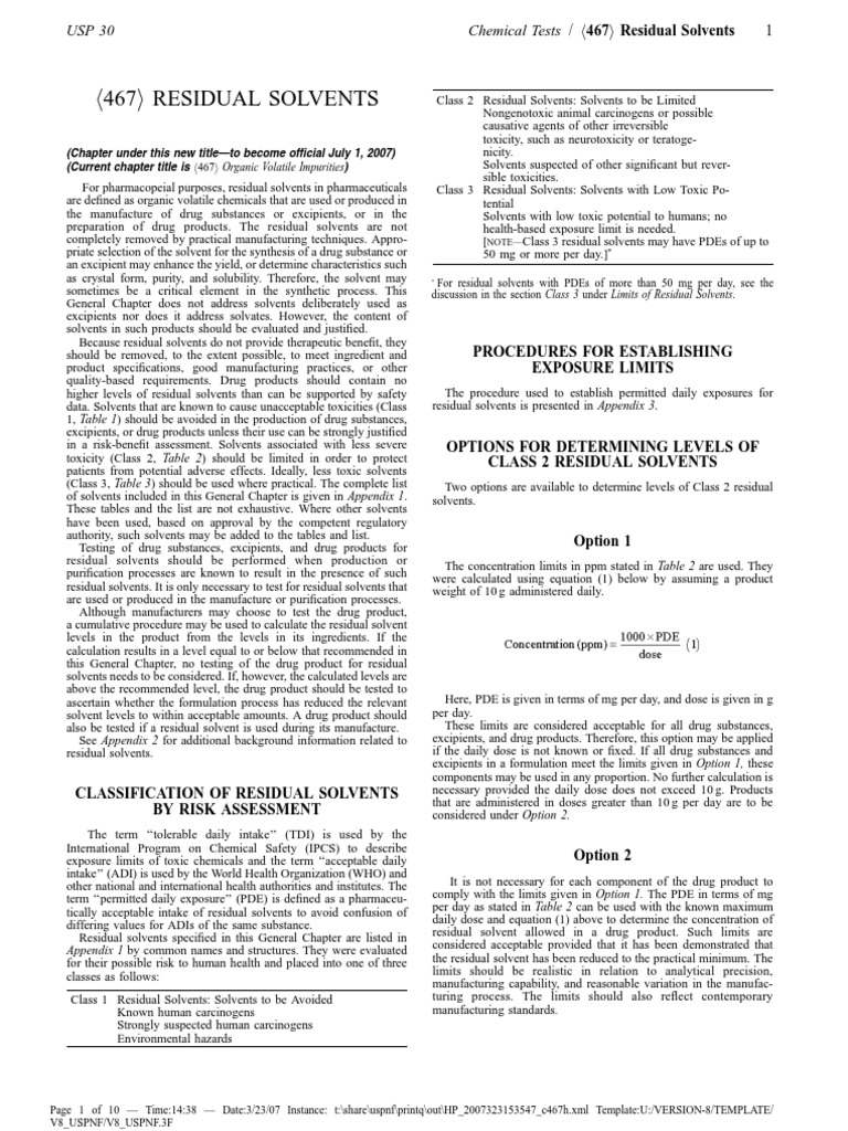 USP 467 General Chapter Residual Solvents Solvent Gas Chromatography