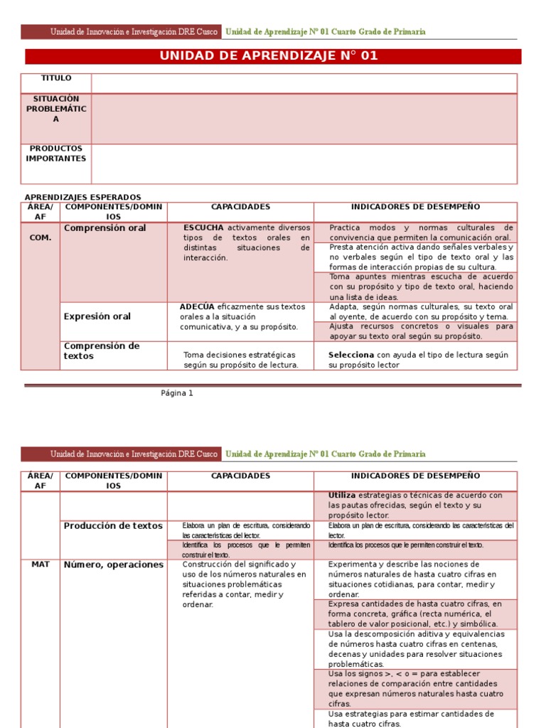 1 - UNIDAD DE APRENDIZAJE N°1 Cuarto Grado | PDF | Lectura (proceso ...