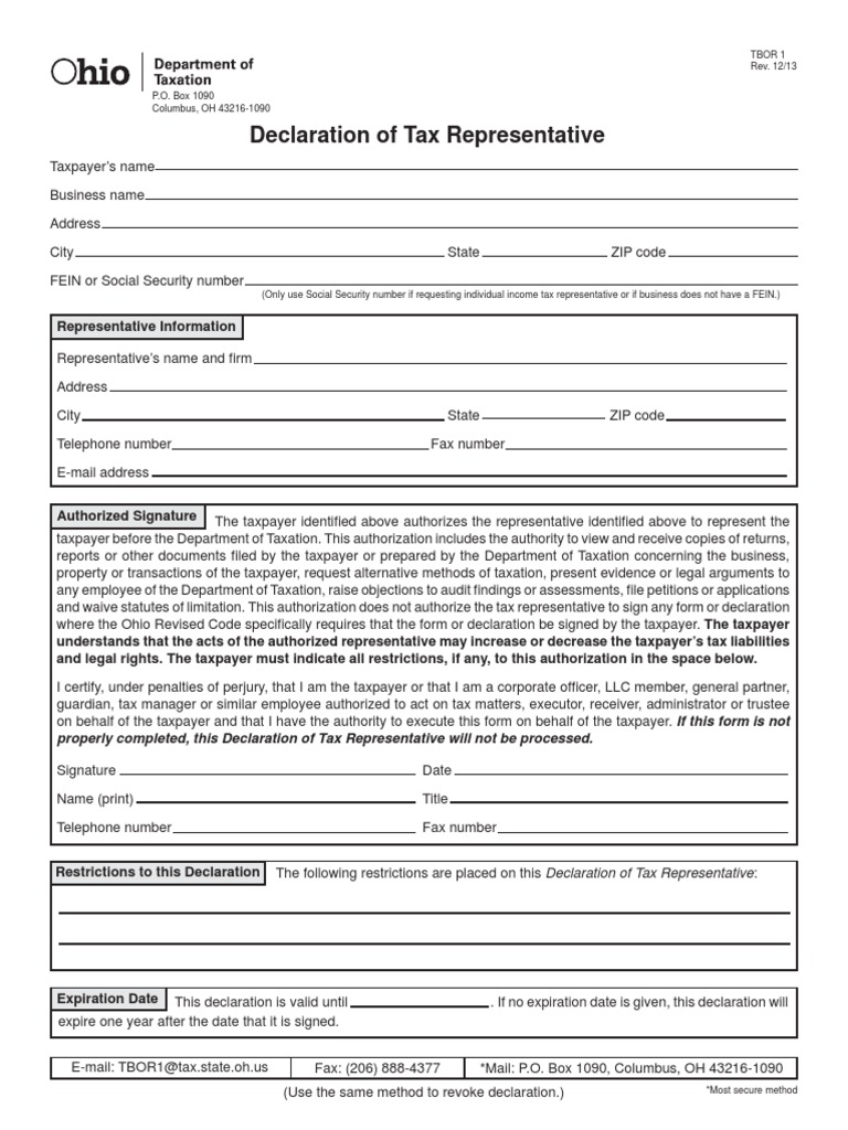 Declaration of Tax Representative: Tbor 1 Rev. 12/13 | PDF