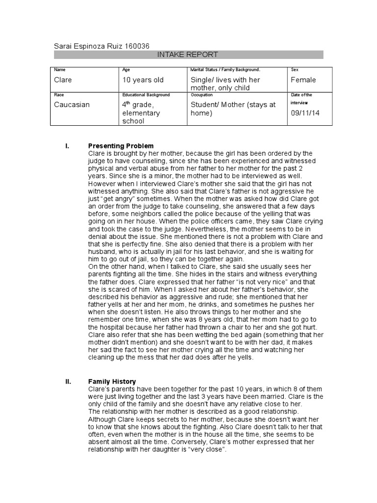 Intake Report | PDF | Anxiety | Psychiatry Related Fields