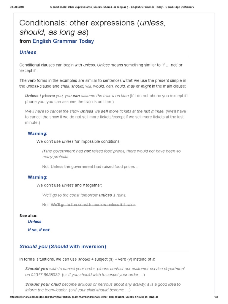 Understanding Conditionals: Unless & Should | PDF | English Grammar ...