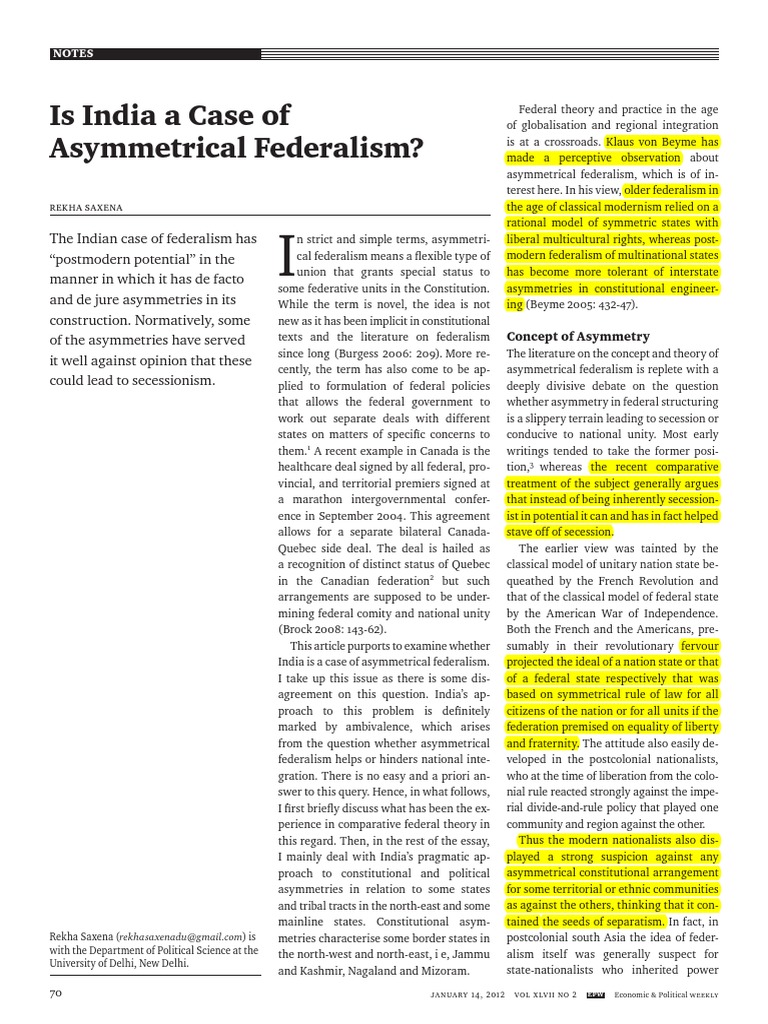 Asymmetrical Federalism Debate PDF Economic Growth Federalism