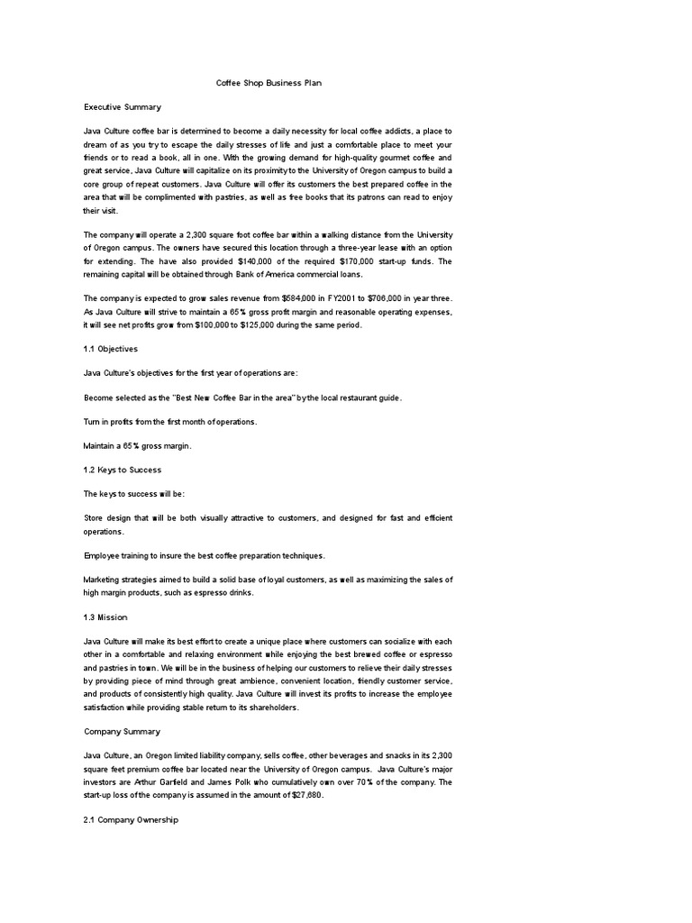 Business Plan For Coffee Shop PDF Coffee Drink