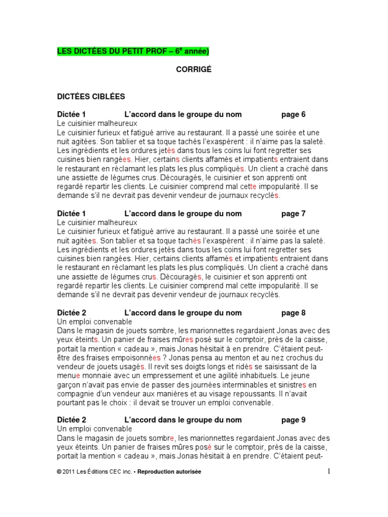 Dictees Petit Prof Corrige 6e Pdf Peuples Indigenes Des Ameriques Ameriques