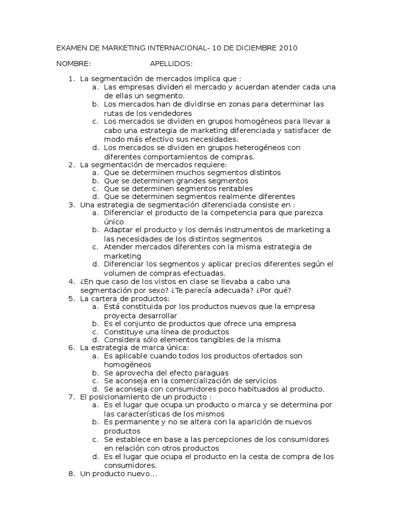 Examen de Marketing Internacional | PDF | Marketing | Producto (Negocio)