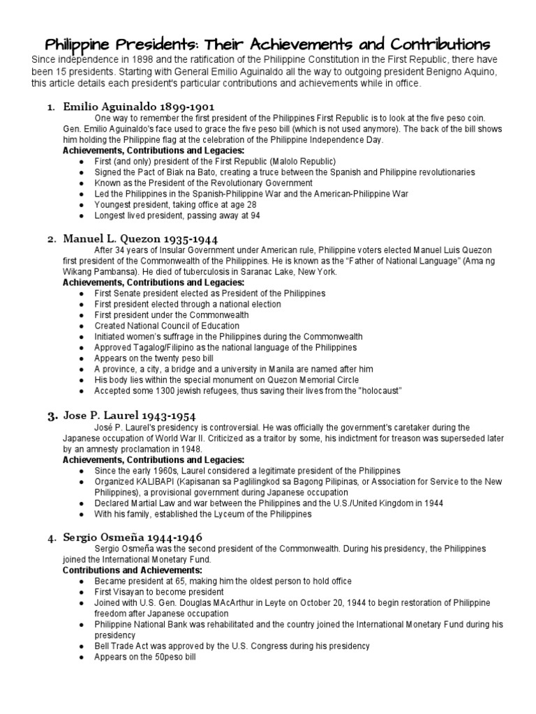 Philippine Presidents Their Achievements and Contributions PDF