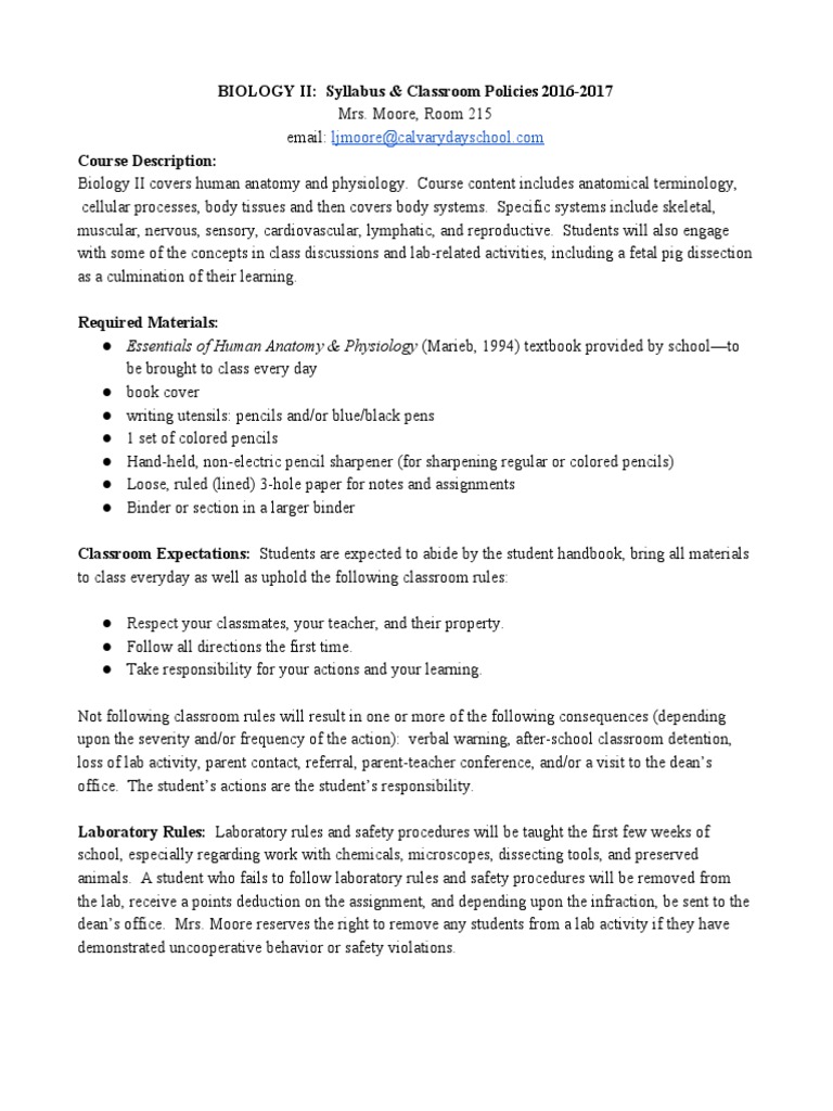Bio II Syllabus Policies | PDF | Homework | Human Body