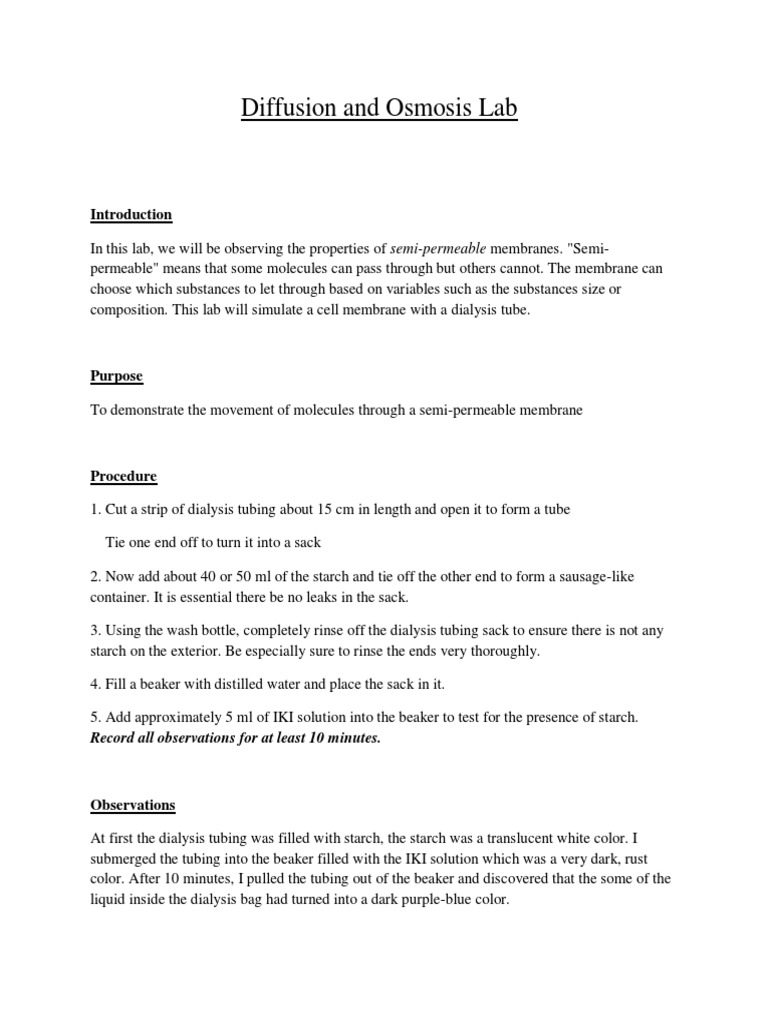 Diffusion and Osmosis Lab PDF Osmosis Chemistry