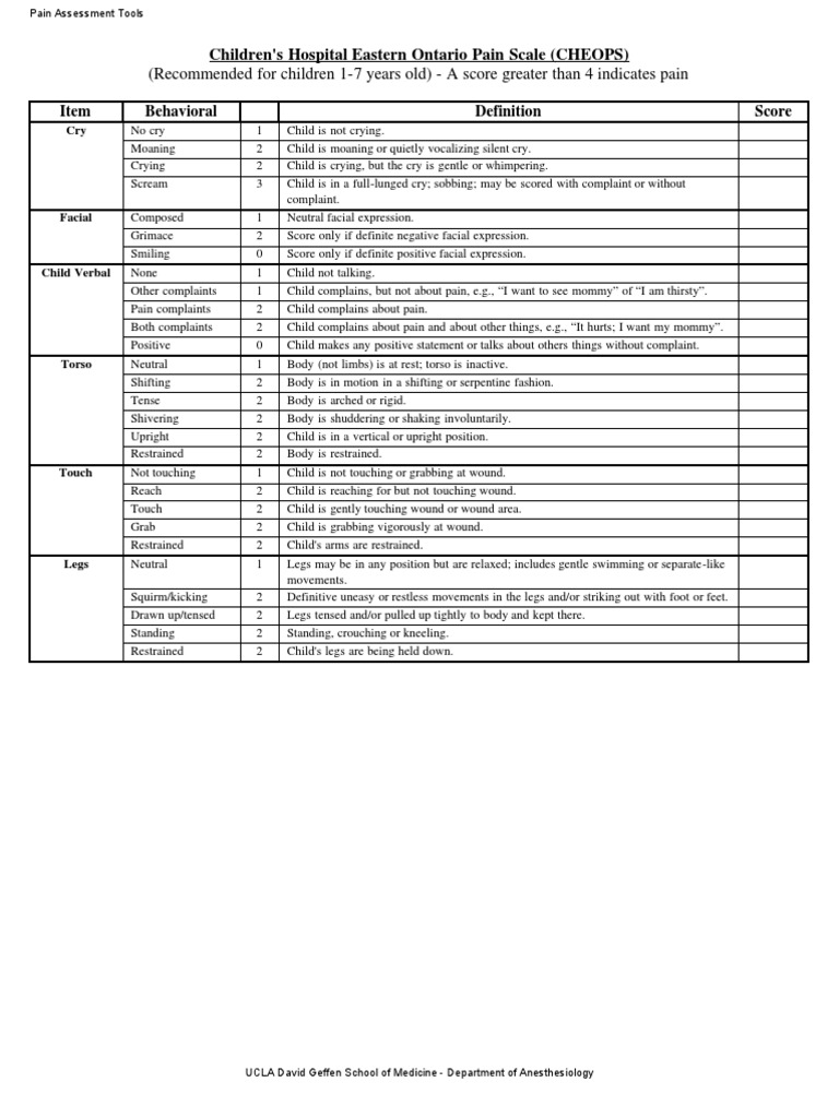 CHEOPS Pain Scale for Children 1-7 | PDF | Wellness