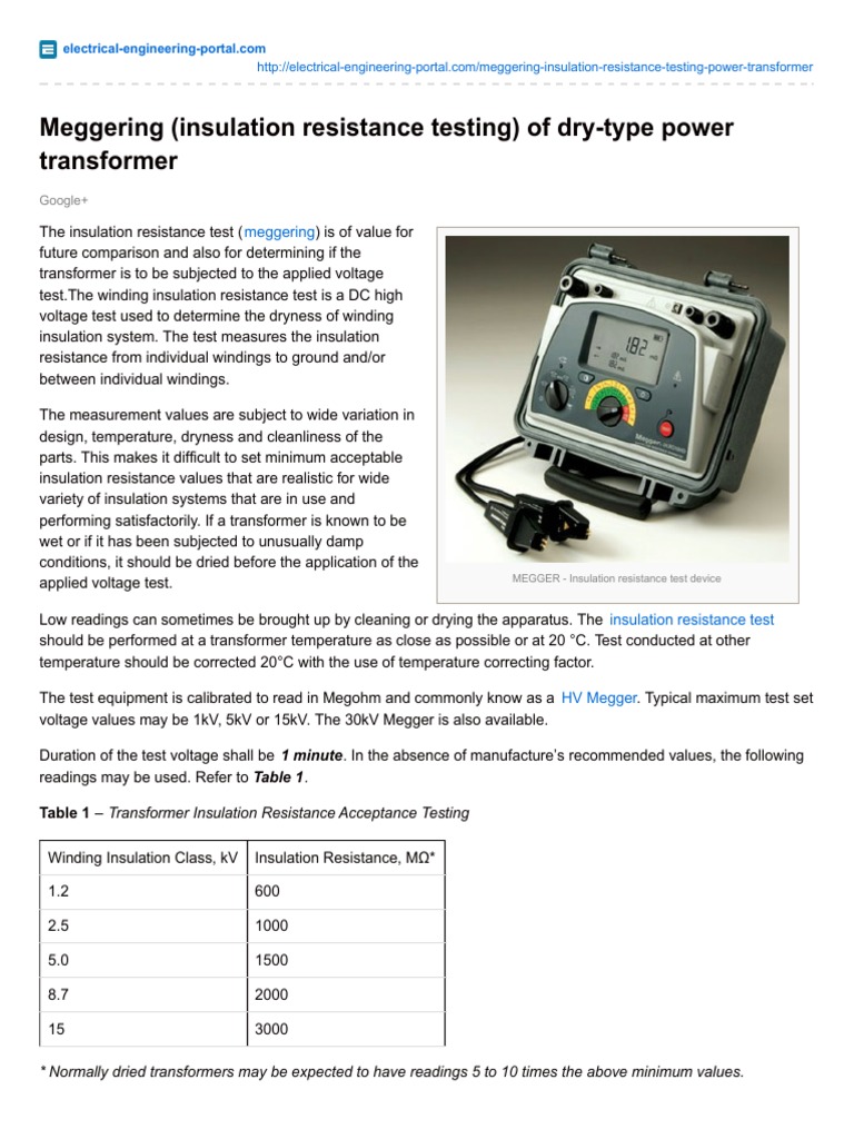 Transformer megger 2024 test values