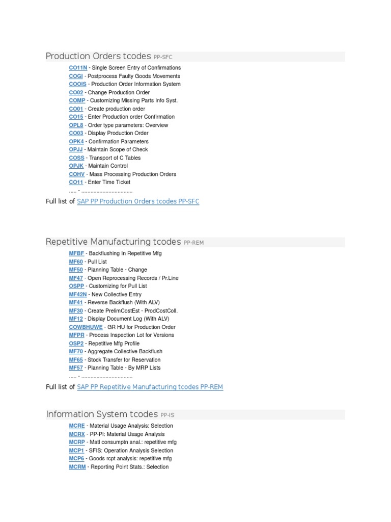 SAP PP Tcode PDF Inventory Real Estate Appraisal