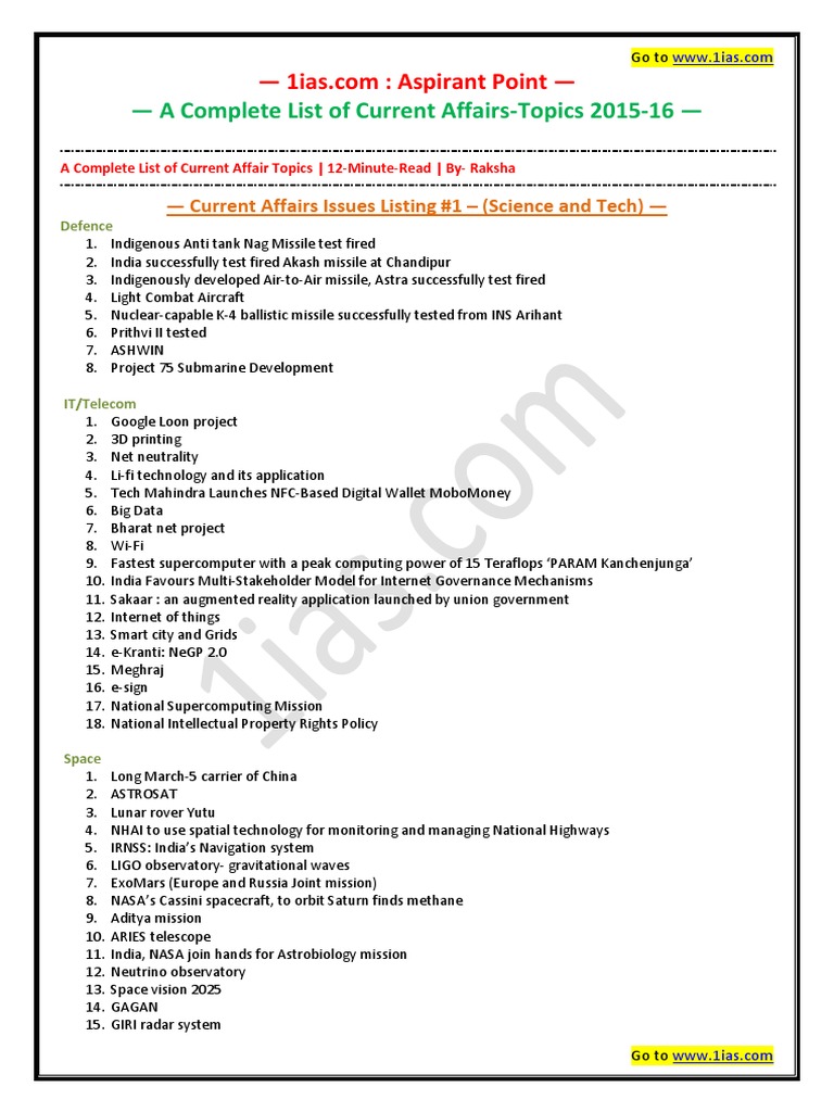 A Complete List of Current Affair Topics PDF