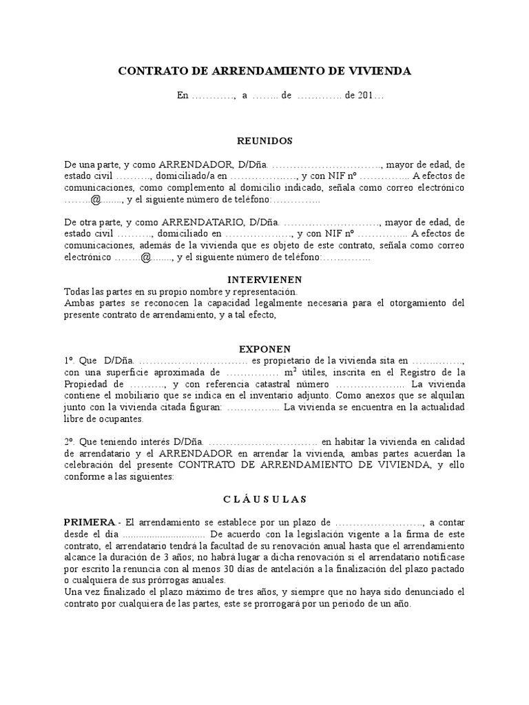 Contrato de Arrendamiento de Vivienda Docx Alquiler