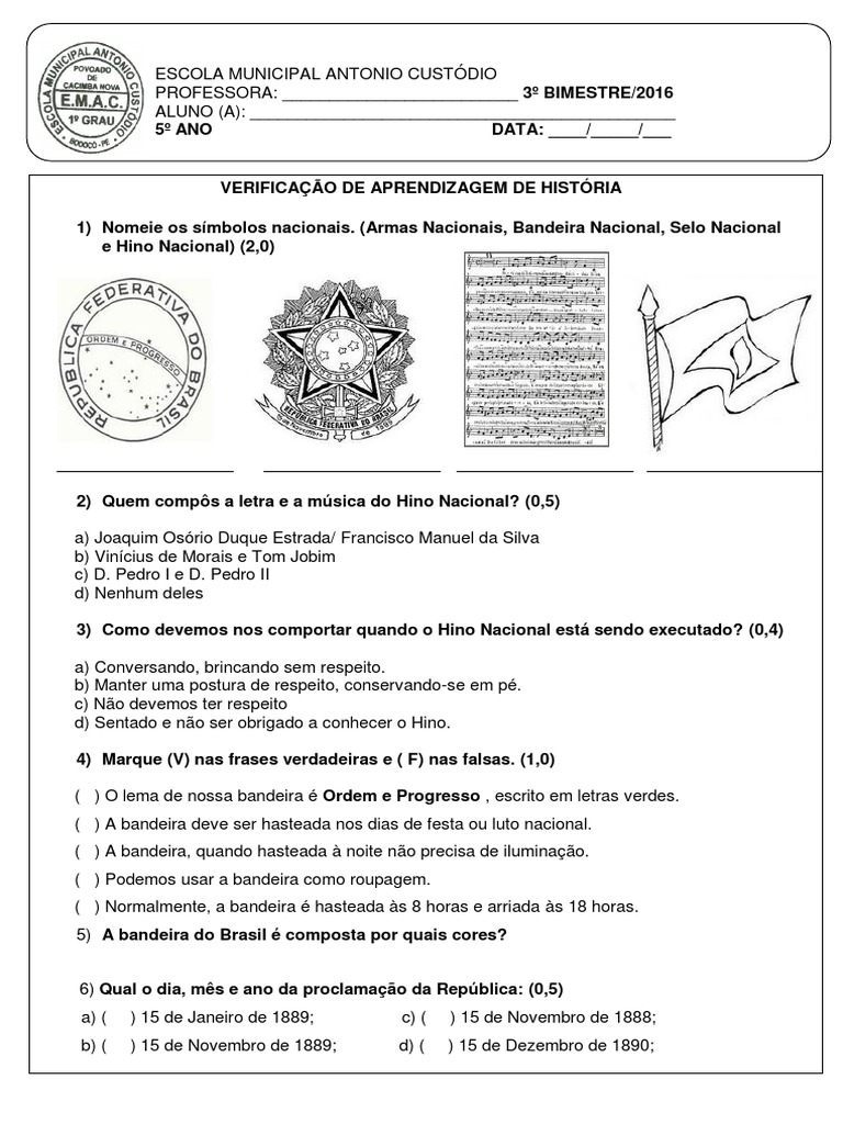 Atividades sobre a bandeira do brasil para o 5o ano Atividades De Historia Do 5º Ano Blog Professor Zezinho
