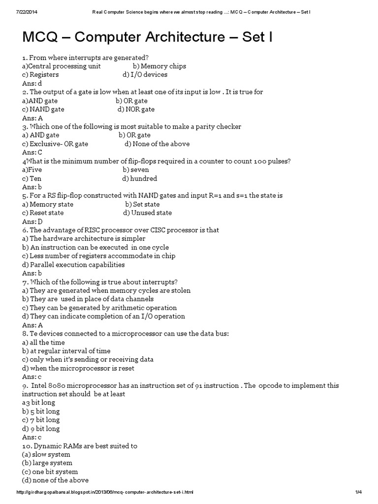 MCQ - Computer Architecture - Set I | PDF | Instruction Set | Computer ...