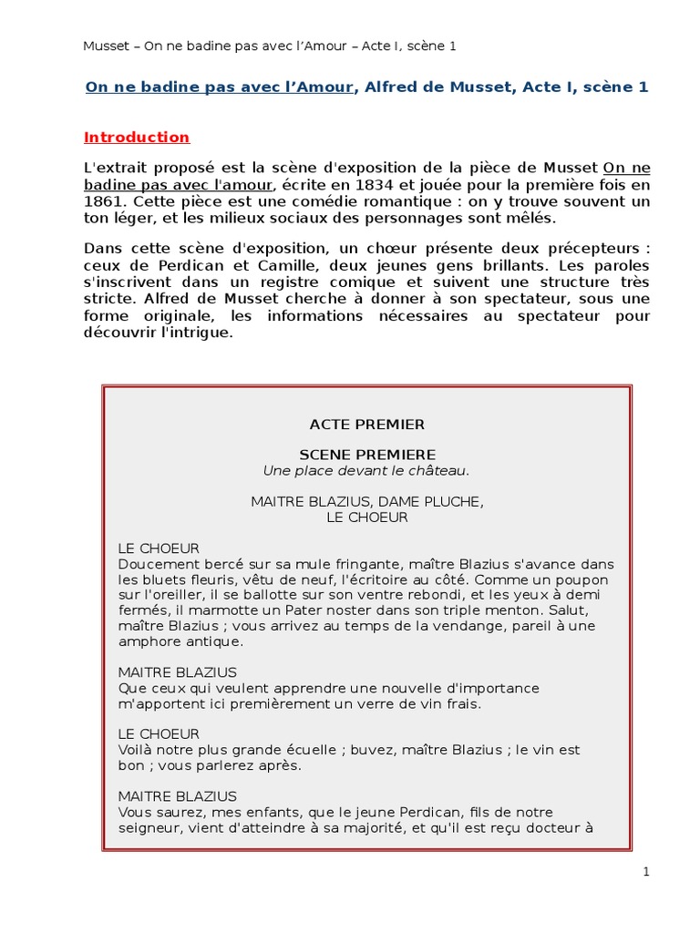 On Ne Badine Pas Avec L amour Résumé Respectant Schéma Narratif Acte I Scène 1 | PDF | Pièce de théâtre | Comédie