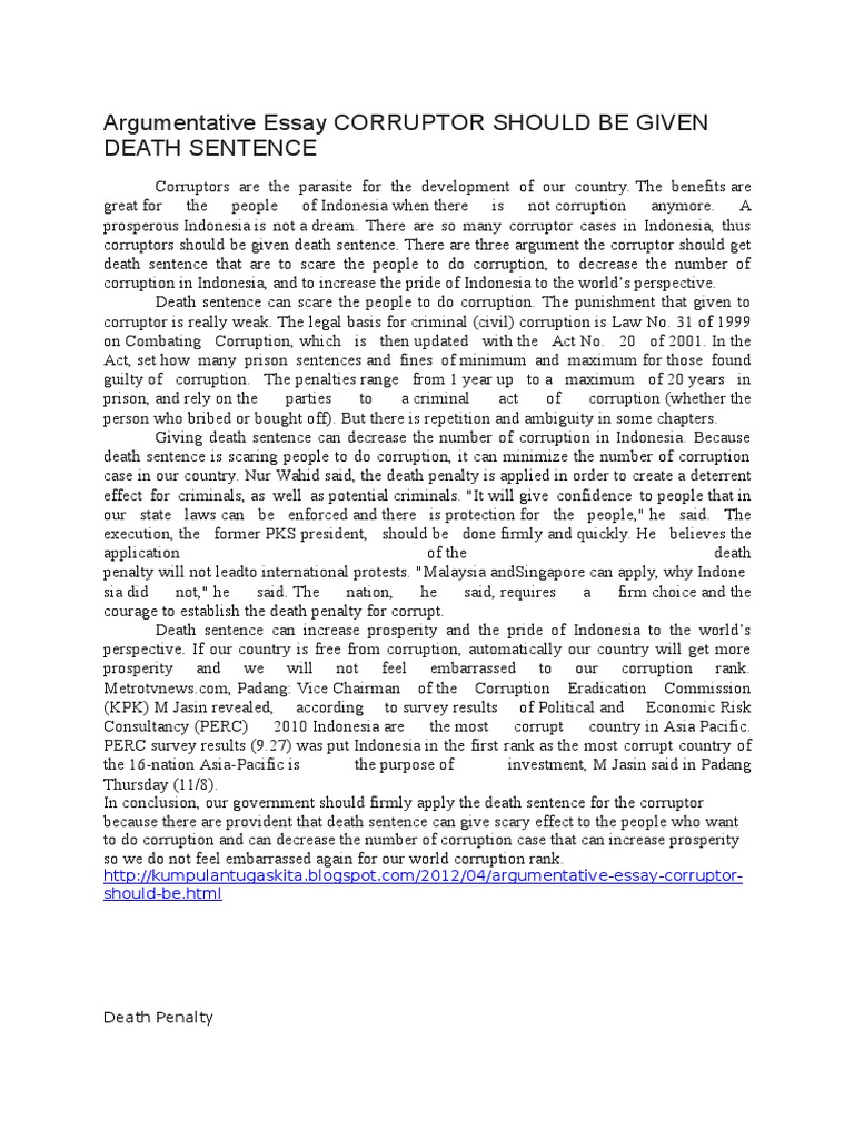 Argumentative Essay Corruptor Should Be Given Death Sentence PDF