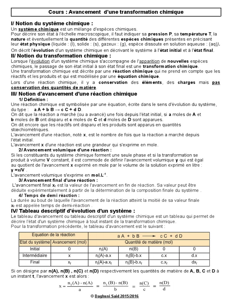 Avancement d'une Réaction Chimique | PDF | Chimie | Physique