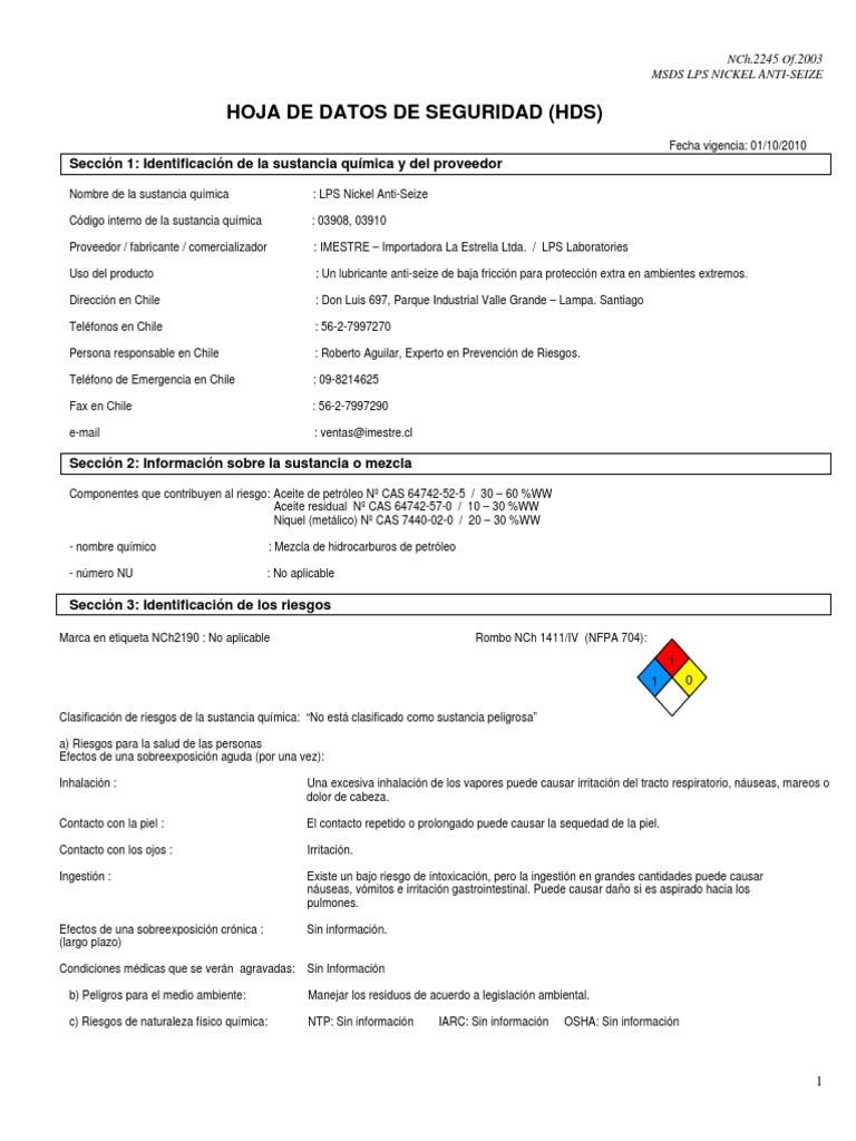 Msds Lps Nickel Anti Seize PDF Contaminación Dióxido de carbono