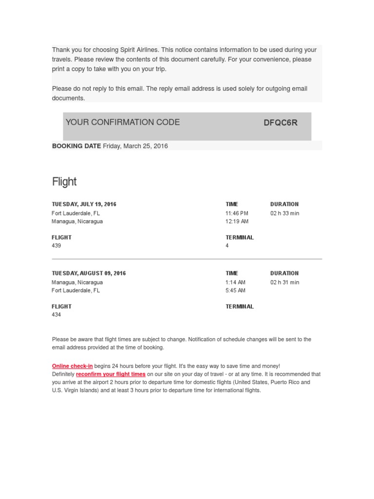 Spirit Airlines Travel Confirmation Details | PDF