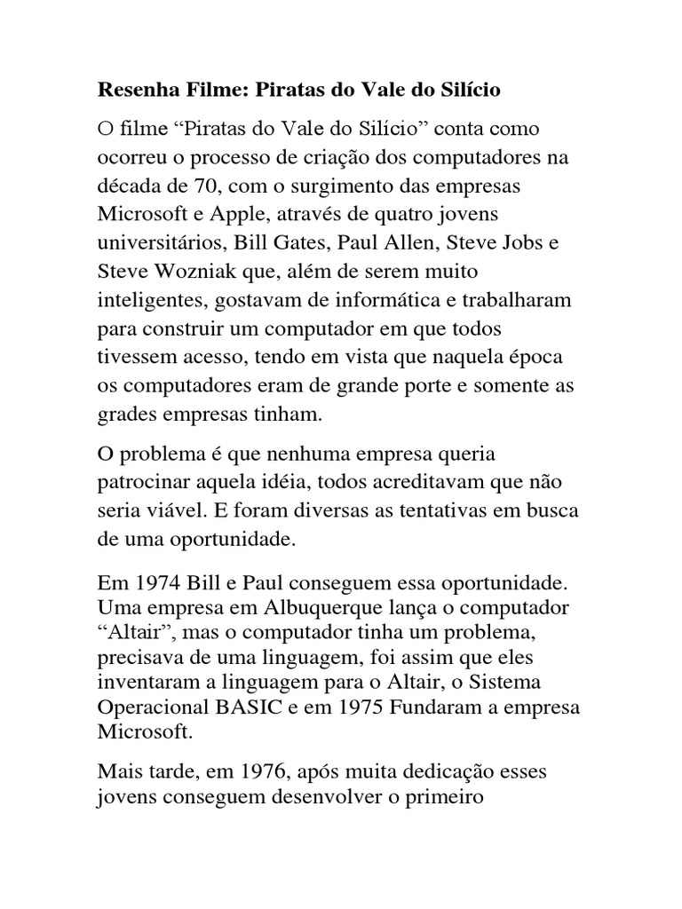 Resenha do Filme Piratas do Vale do Silício | PDF | PCs (computadores ...