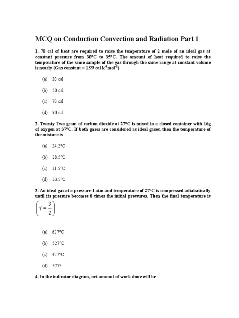 MCQ on Conduction Convection and Radiation Part 1 Gases Temperature