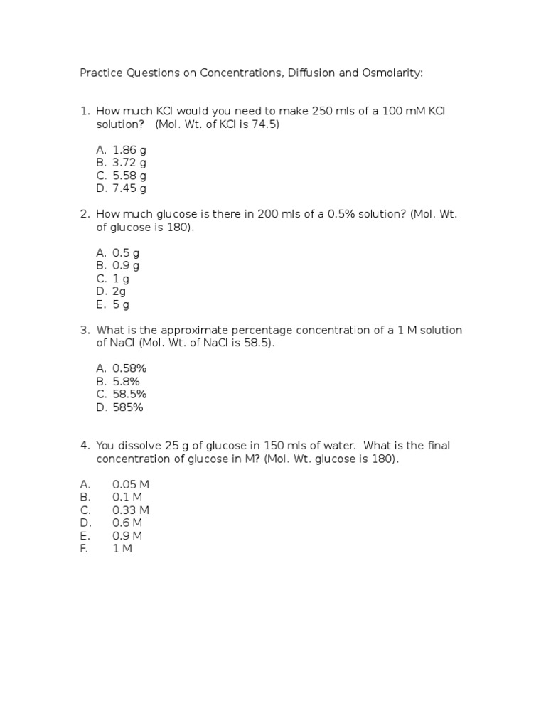 Questions On Diffusion and Osmolarity PDF Chemical Substances Chemistry