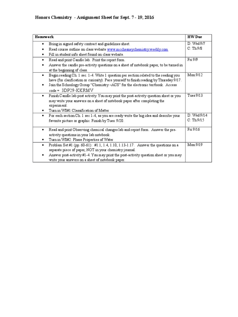 Honors Chemistry Assignment Sheet Sept 2016 | PDF