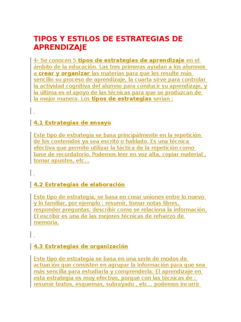 Tipos y Estilos de Estrategias de Aprendizaje | PDF | Aprendizaje ...