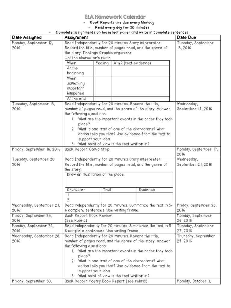 ELA Homework Calendar & Book Reports | PDF | Language Arts & Discipline ...