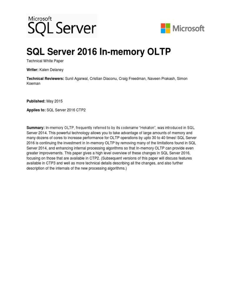 SQL Server 2016 in Memory OLTP White Paper | PDF | Microsoft Sql Server ...