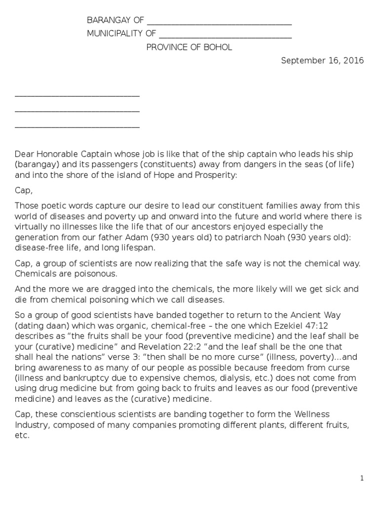Letter to Barangay Captain LET'S LEAD OUR PEOPLE TO JOIN WELLNESS
