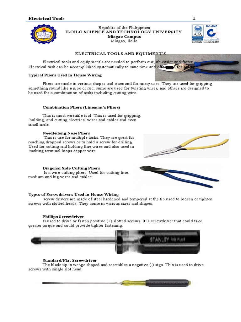 list of electrical tools and equipment