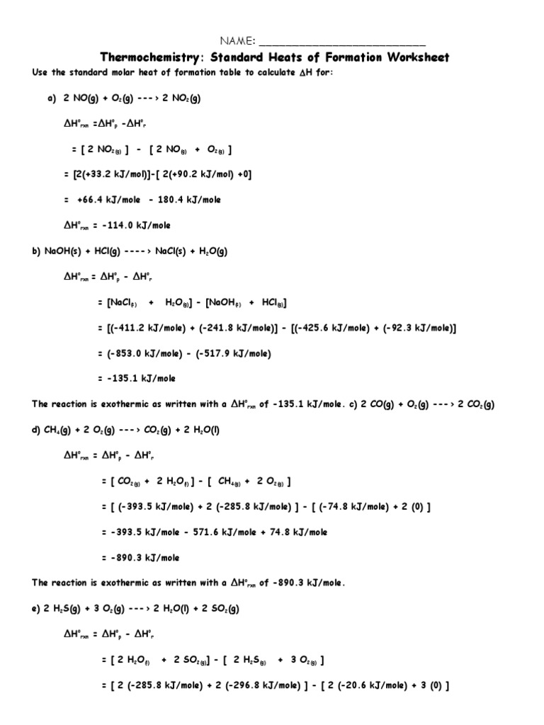 Standard Heats of Formation WS SOLUTIONS PDF