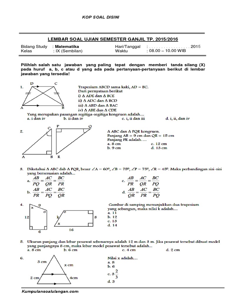 Soal Uts Matematika Kelas 9 Semester 1