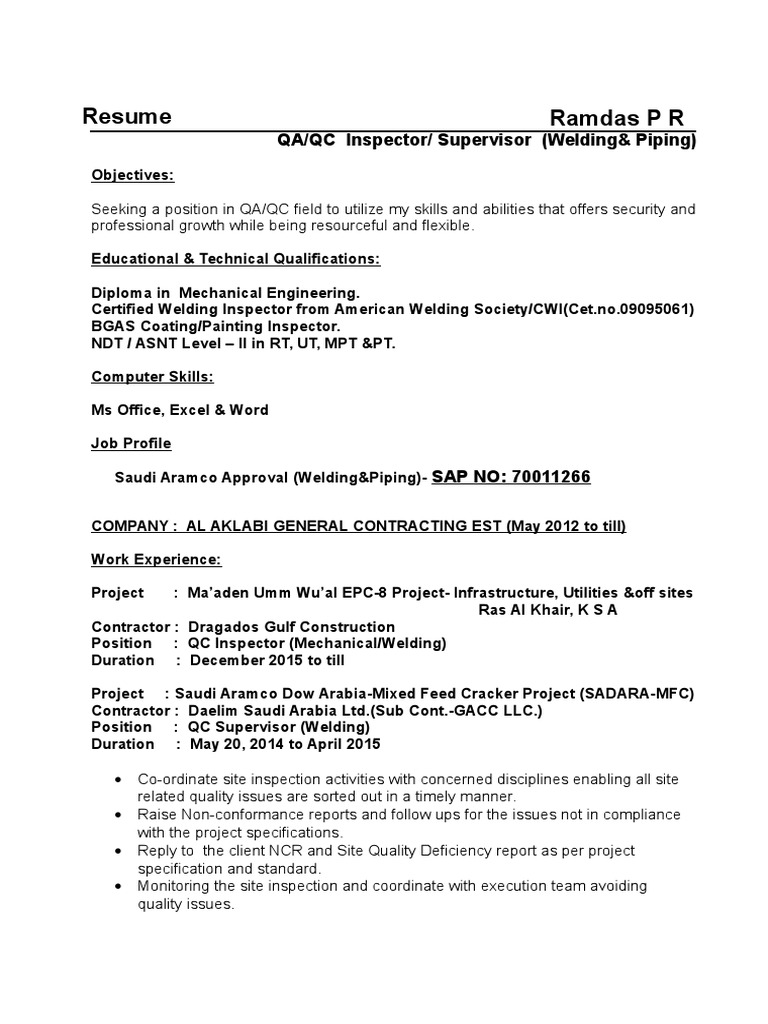 Welding Inspector Cv Pipe Fluid Conveyance Specification Technical Standard