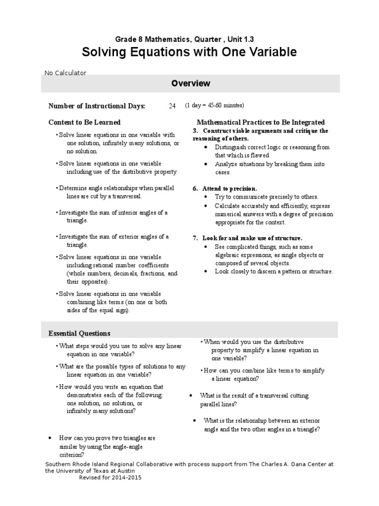 Grade 8 Linear Equations Overview | PDF | Equations | Variable ...