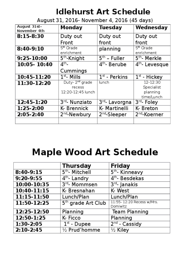 Idlehurst Art Class Schedule 2016-2017 | PDF