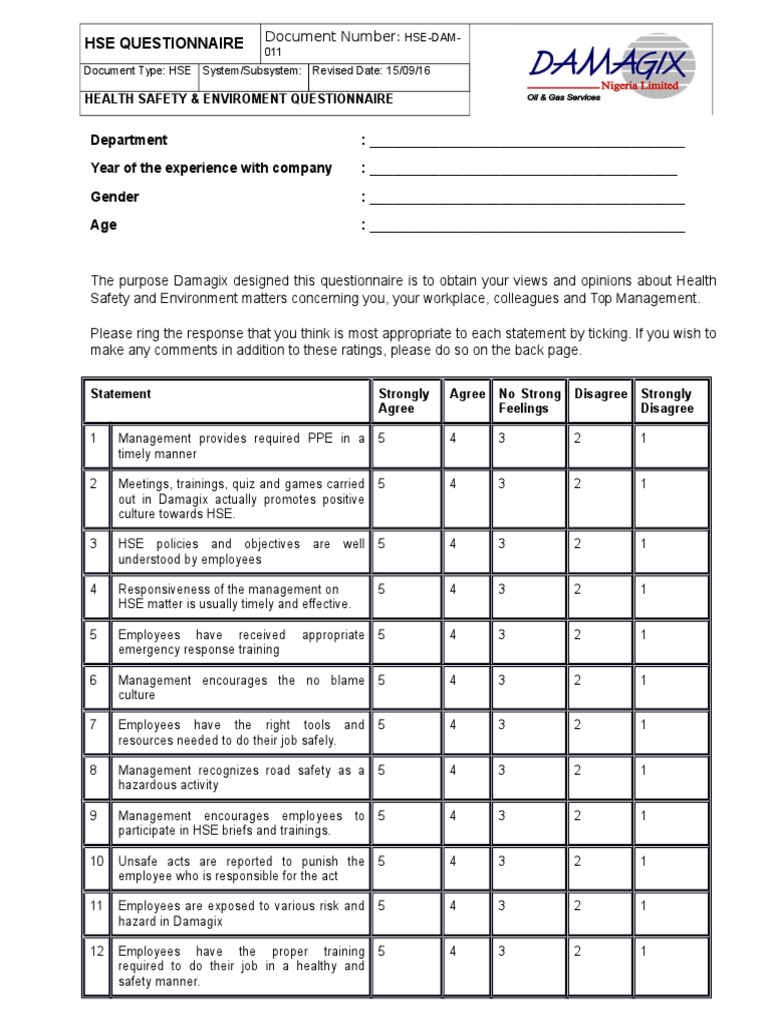 Hse Questionnaire Employment Audit