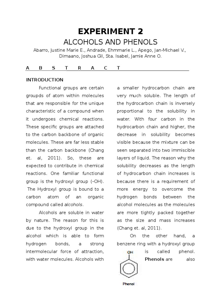 Experiment 2 Alcohols and Phenols PDF Alcohol Properties Of Water