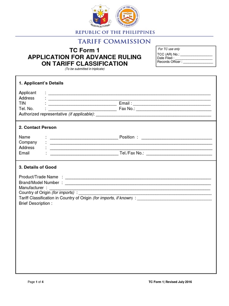 TC Form 1: Advance Ruling Application | PDF | Exports | Tariff