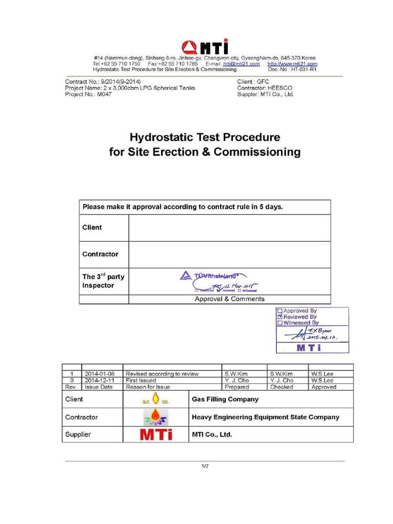 Hydrostatic Test Procedure For Site & Commissioning HT-031-R1 | PDF ...