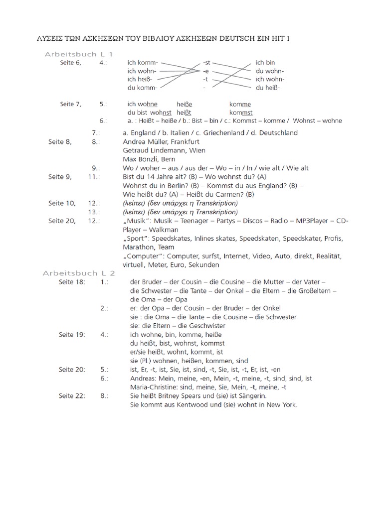 Deutsch Ein Hit 1 Loesungen | PDF