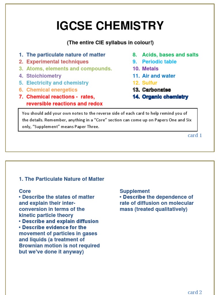 IGCSE Chemistry Syllabus in Index Card (A6) Format PDF Chemical