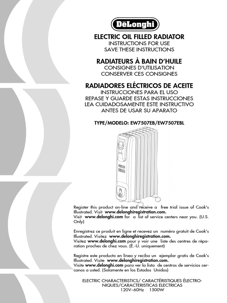 Manual Heater Delonghi Ew7507eb Oil Filled Radiator Heater Owner S Manual Ac Power Plugs And Sockets Hvac