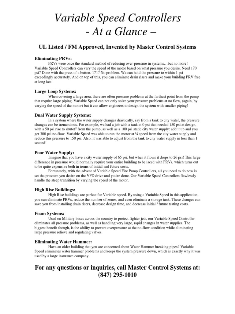 Variable Speed Controllers - at A Glance | PDF | Water Supply | Pump