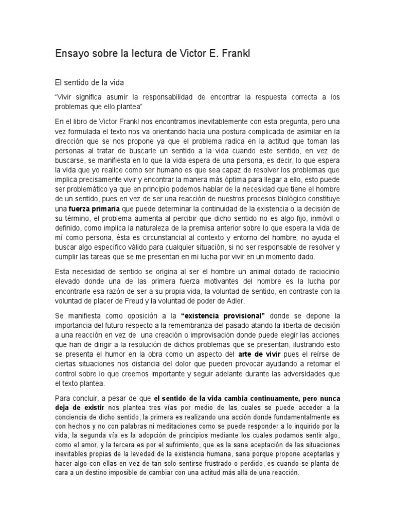 Ensayo sobre EL HOMBRE EN BUSCA DE SENTIDO de Victor Frankl Vida Existencia Prueba